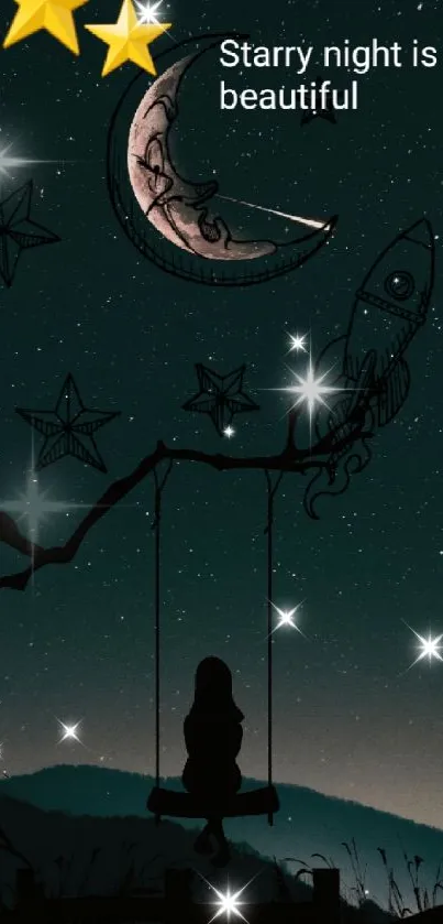 Dreamy starry night silhouette wallpaper with celestial elements.