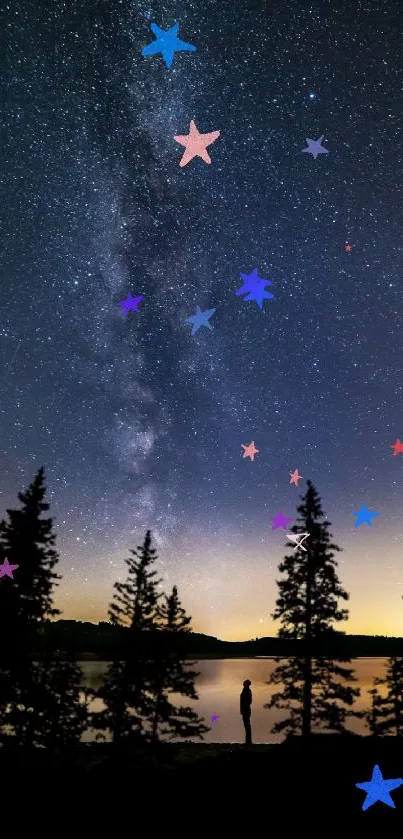 Silhouette under starry night sky with trees and horizon glow.