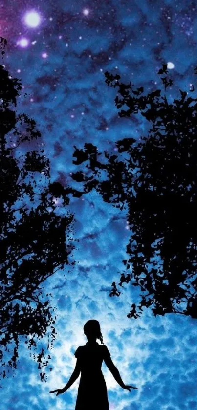 Silhouette of a girl under a starry night sky with deep blue hues.