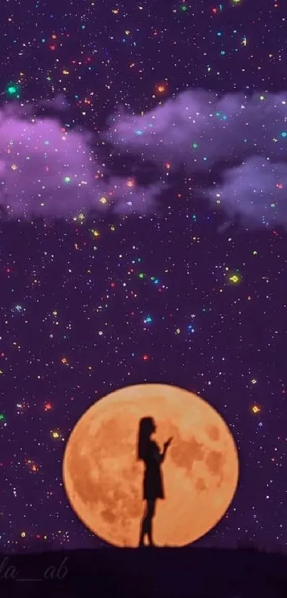 Silhouette under a starry purple sky with a bright full moon.