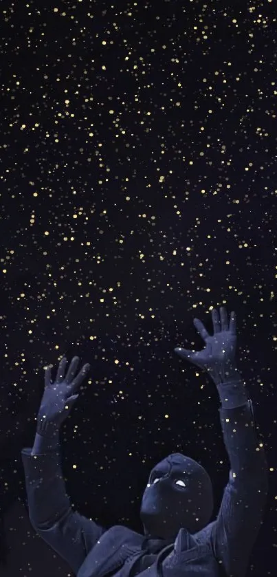 Silhouette reaching for stars in a dark, starry night sky wallpaper.