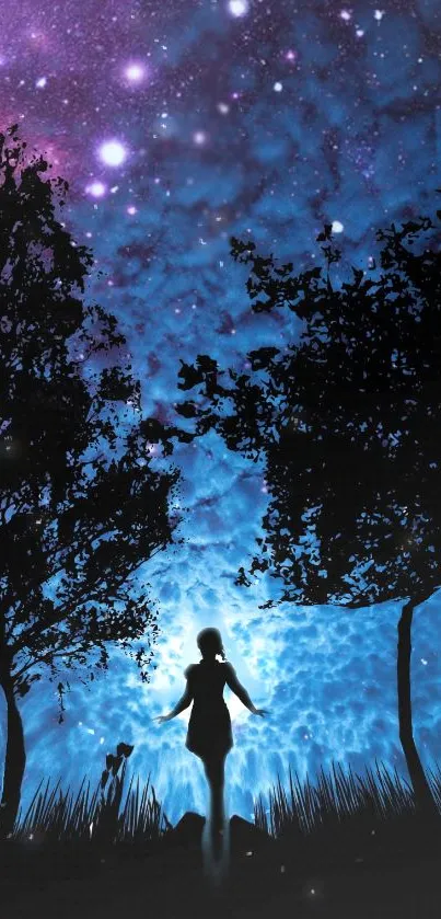 Silhouette of a person against a starry night sky with trees.