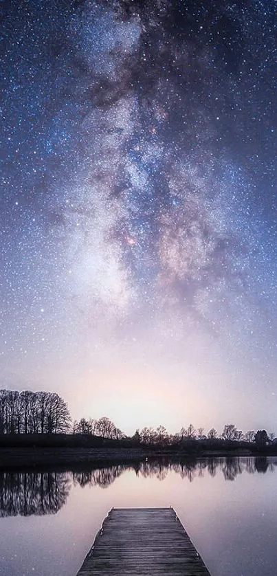 Starry night sky over tranquil lake with Milky Way view.