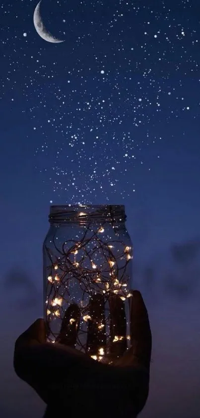 Hand holding jar with fairy lights under starry night sky and moon.