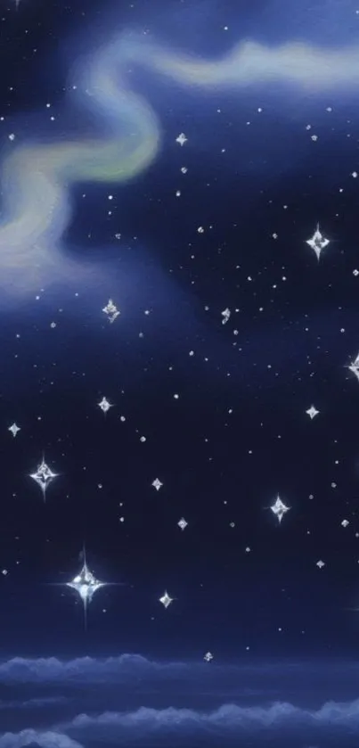 A starry night sky with clouds and stars, perfect for mobile wallpaper.