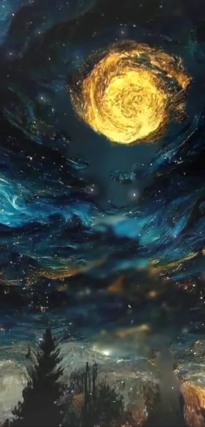 Artistic starry night sky wallpaper with blue and gold swirls.