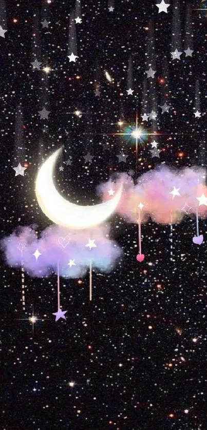 Crescent moon and pastel clouds in a starry night sky.