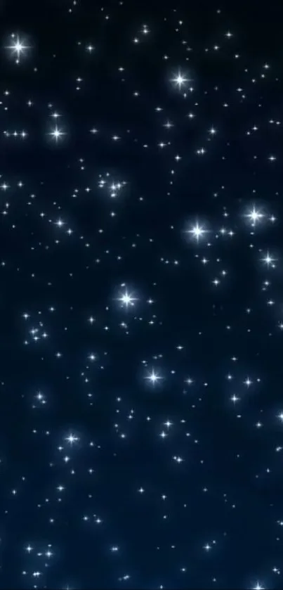 A serene starry night sky wallpaper with twinkling white stars on a dark blue background.