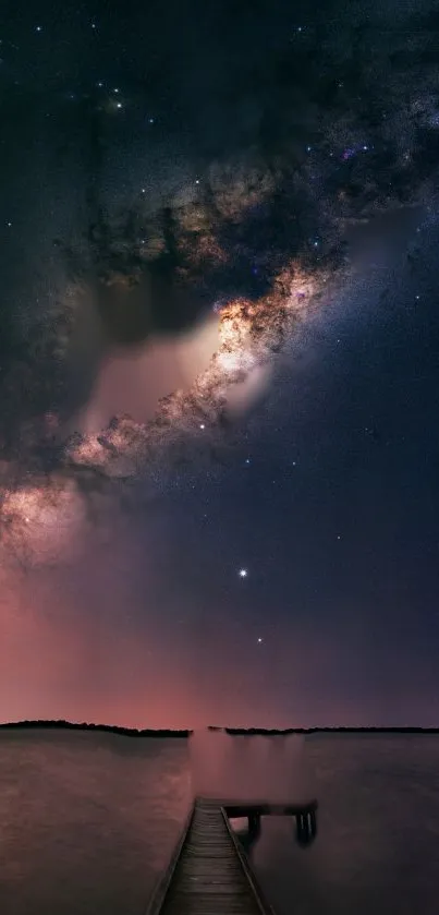 Night sky over a bridge with stars and galaxy view.