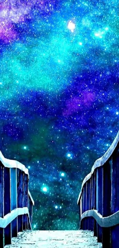 Bridge under a starry, vibrant night sky with blue and purple galaxy hues.