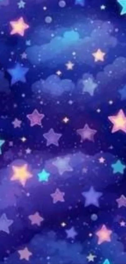 Starry night sky wallpaper with vibrant stars and blue clouds.
