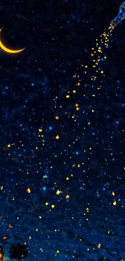 Fantasy night sky with glowing stars and crescent moon.