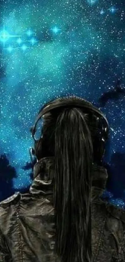 Woman in jacket gazes at a star-filled sky.