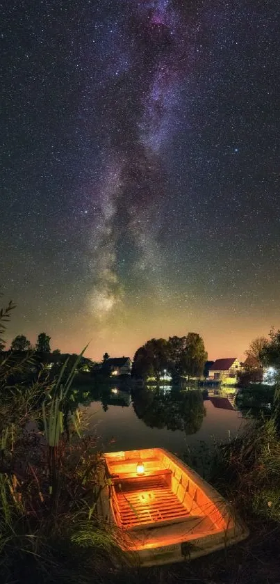 Starry night sky with a boat under the Milky Way.