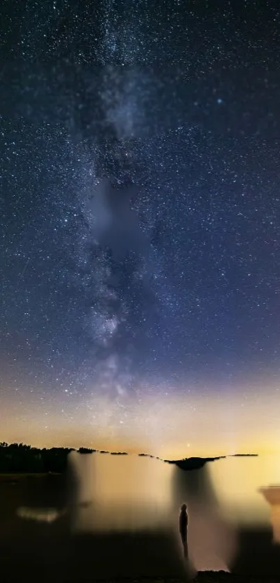 Starry night sky with Milky Way over a calm lakeside.