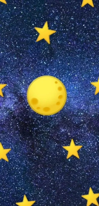 Starry night sky with yellow moon and stars wallpaper.