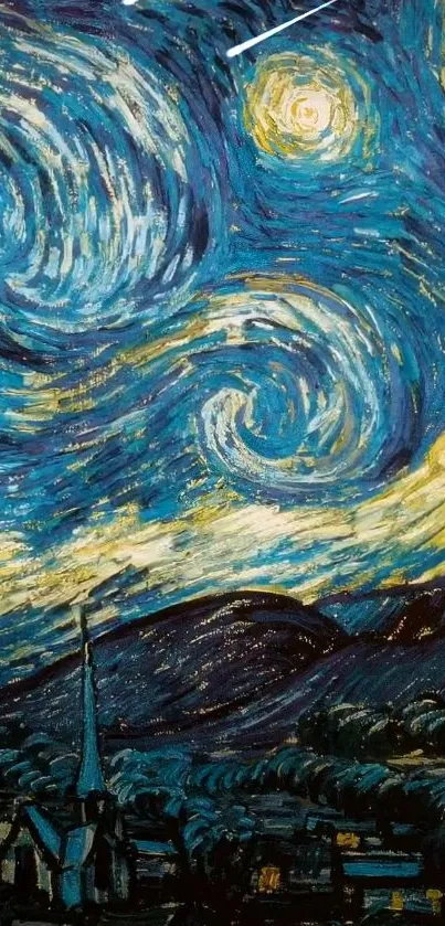 Mobile wallpaper of Starry Night with swirling blues and bright yellows.