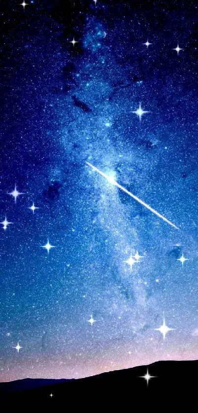 Mobile wallpaper of a starry night sky with a visible shooting star.