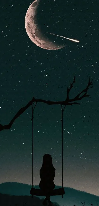 Silhouette on swing under crescent moon and stars.