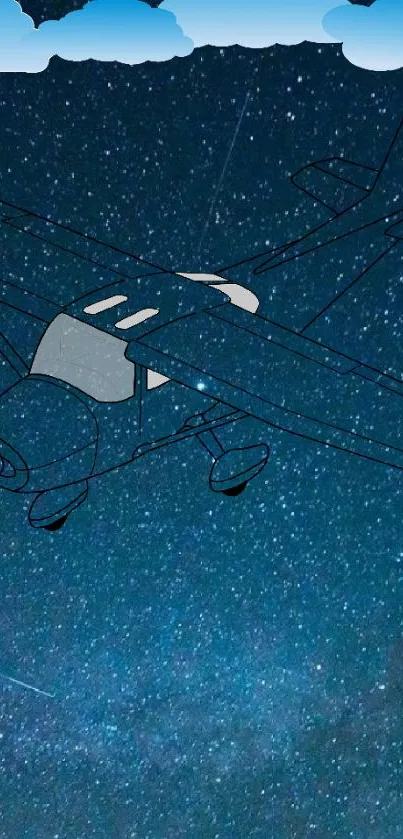 Illustrated plane flying through a starry, dark blue night sky.