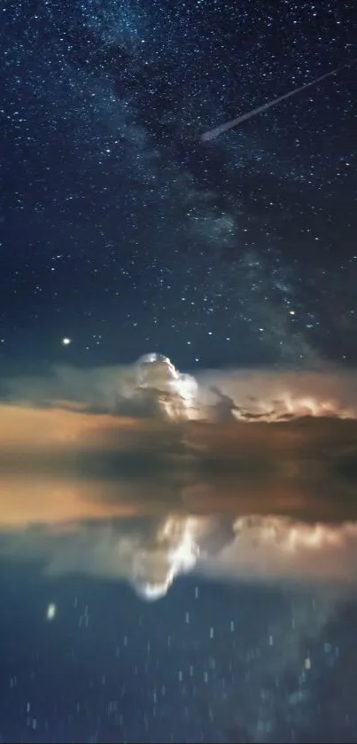 Starry night sky reflected on calm water, creating a serene and peaceful view.