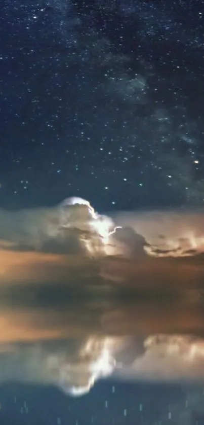 Starry night sky reflected over calm water.