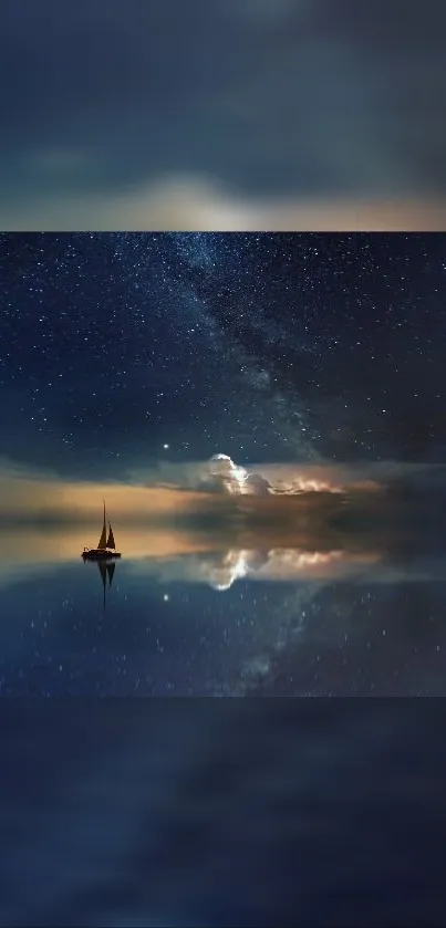 Reflective sailboat under a starry night sky with vibrant blues and clouds.