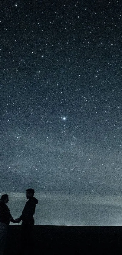 Silhouetted couple beneath a starry night sky.