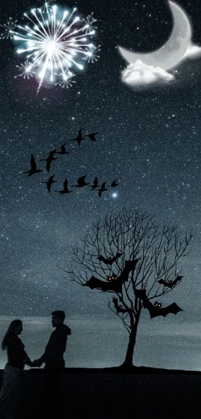 Romantic silhouette under starry sky with moon and fireworks.