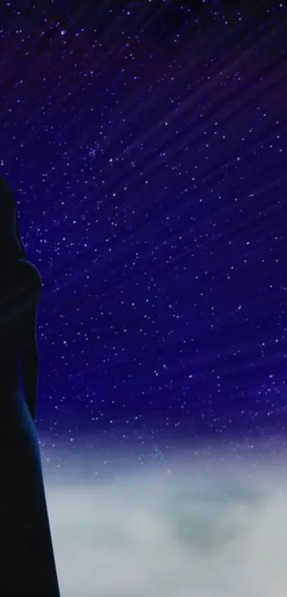 Silhouette under a starry night sky on mobile wallpaper.