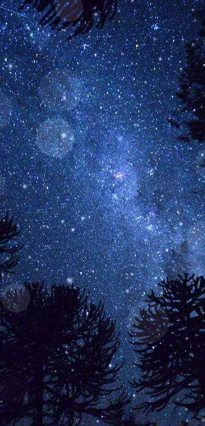 Starry night sky with tree silhouettes and cosmic backdrop.