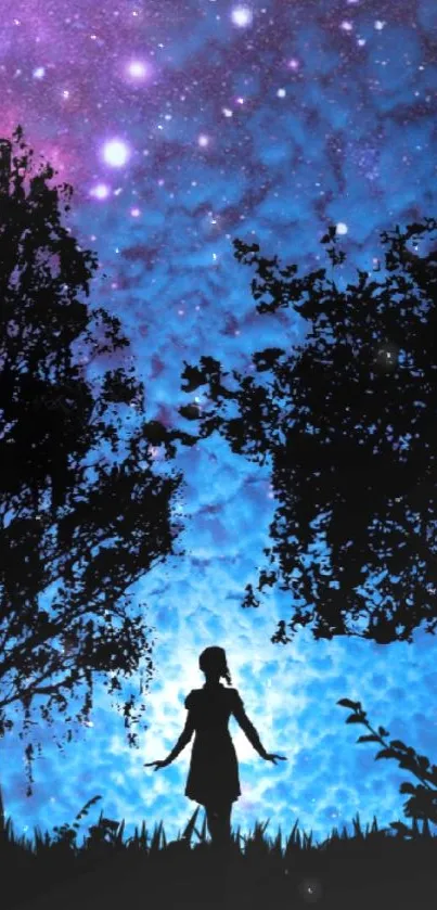 Silhouette of a girl under a vibrant, starry blue night sky with purple hues.