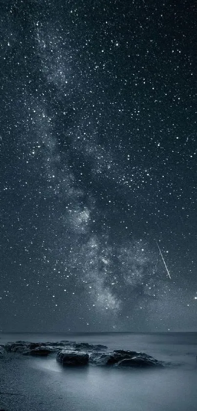 Milky Way stars over a calm ocean, creating a serene and enchanting night sky.