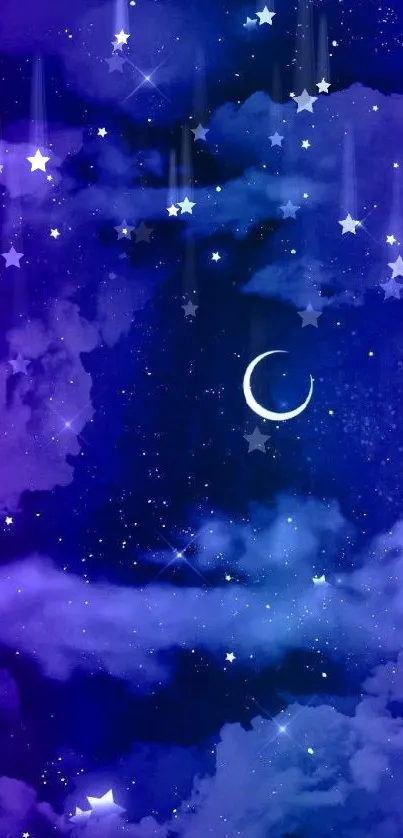 Purple night sky with a crescent moon and stars.