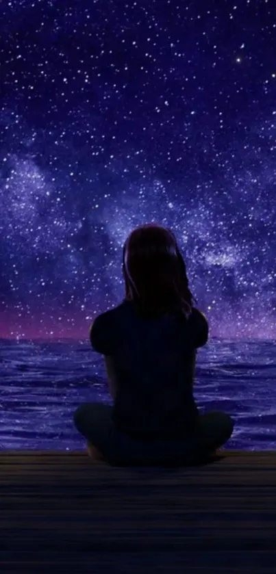 Silhouette against starry night sky wallpaper with purple hues.