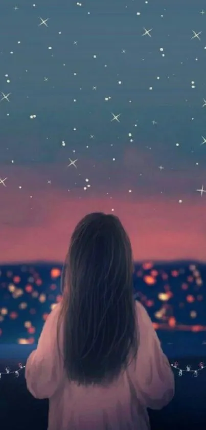 Girl gazing at starry night sky on mobile wallpaper.