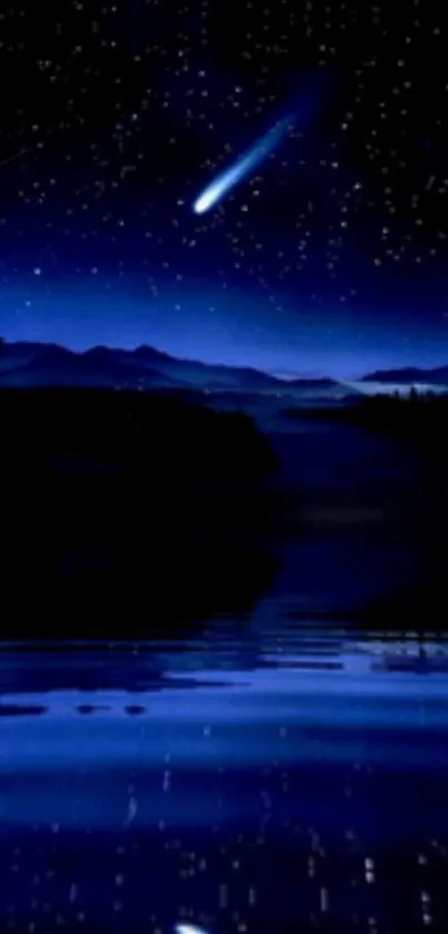 Starry night sky over lake wallpaper with scenic reflections.