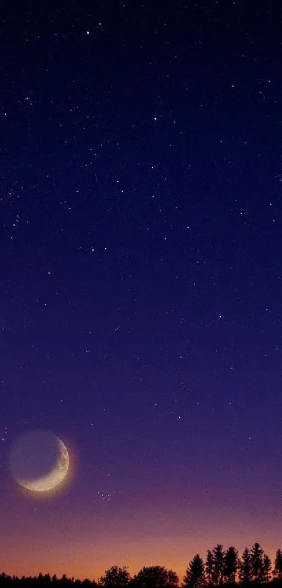 Starry night sky with crescent moon above a landscape.