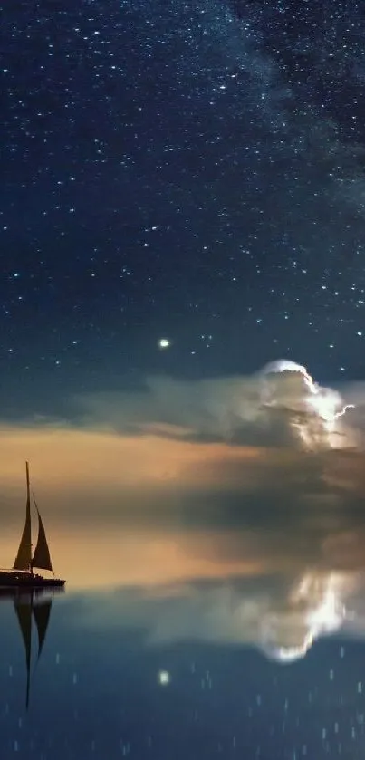 Sailboat under a vast starry night sky reflecting on serene waters.