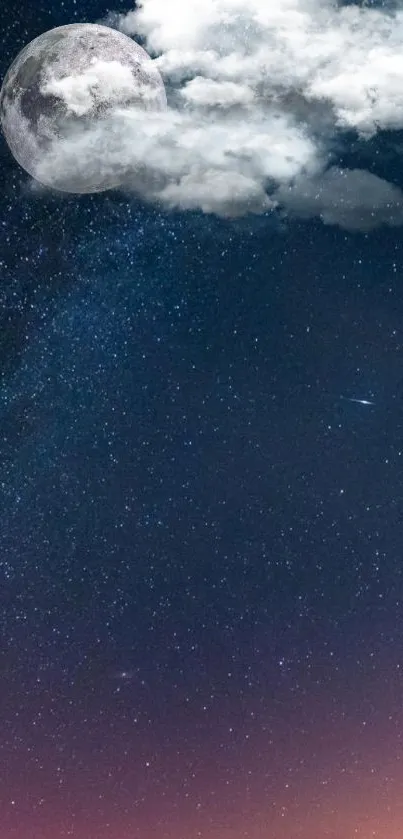 Mobile wallpaper of a starry night sky with a bright moon and scattered clouds.