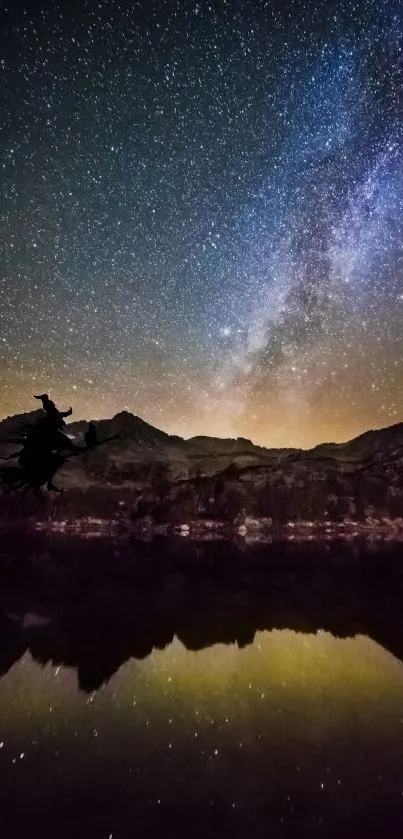 Starry night sky with Milky Way over mountains.