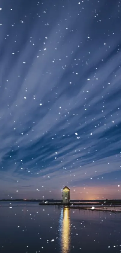 Starry night sky above a calm lake with reflected lights.