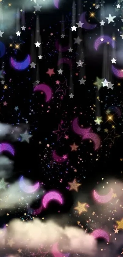 Whimsical starry night wallpaper with moons and clouds