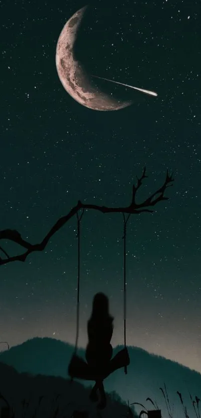 Silhouette on swing under crescent moon with starry night sky.