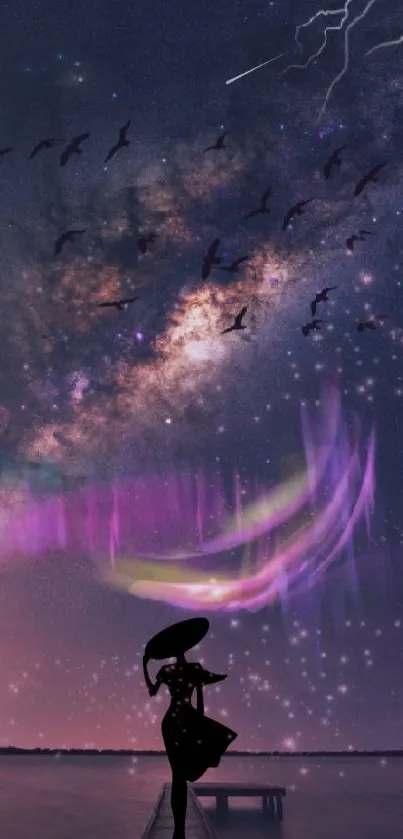 A silhouette under a starry night sky with purple auroras and flying birds.