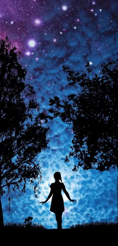 Silhouette of woman under starry blue night sky.