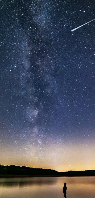 Starry night sky with a shooting star over a calm lake landscape.