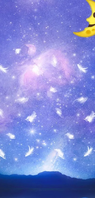 Starry night sky with moon and feathers.