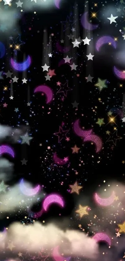 Dreamy starry night sky wallpaper with crescent moons and colorful clouds.