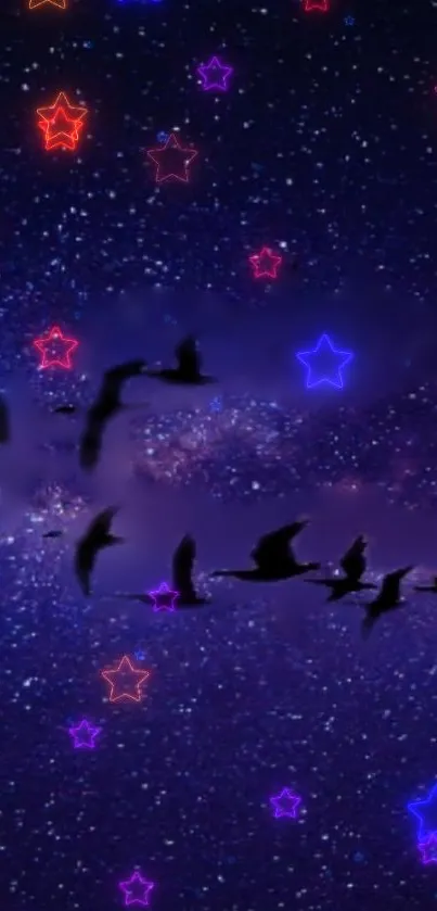 Starry night sky with neon stars and flying birds in a cosmic scene.